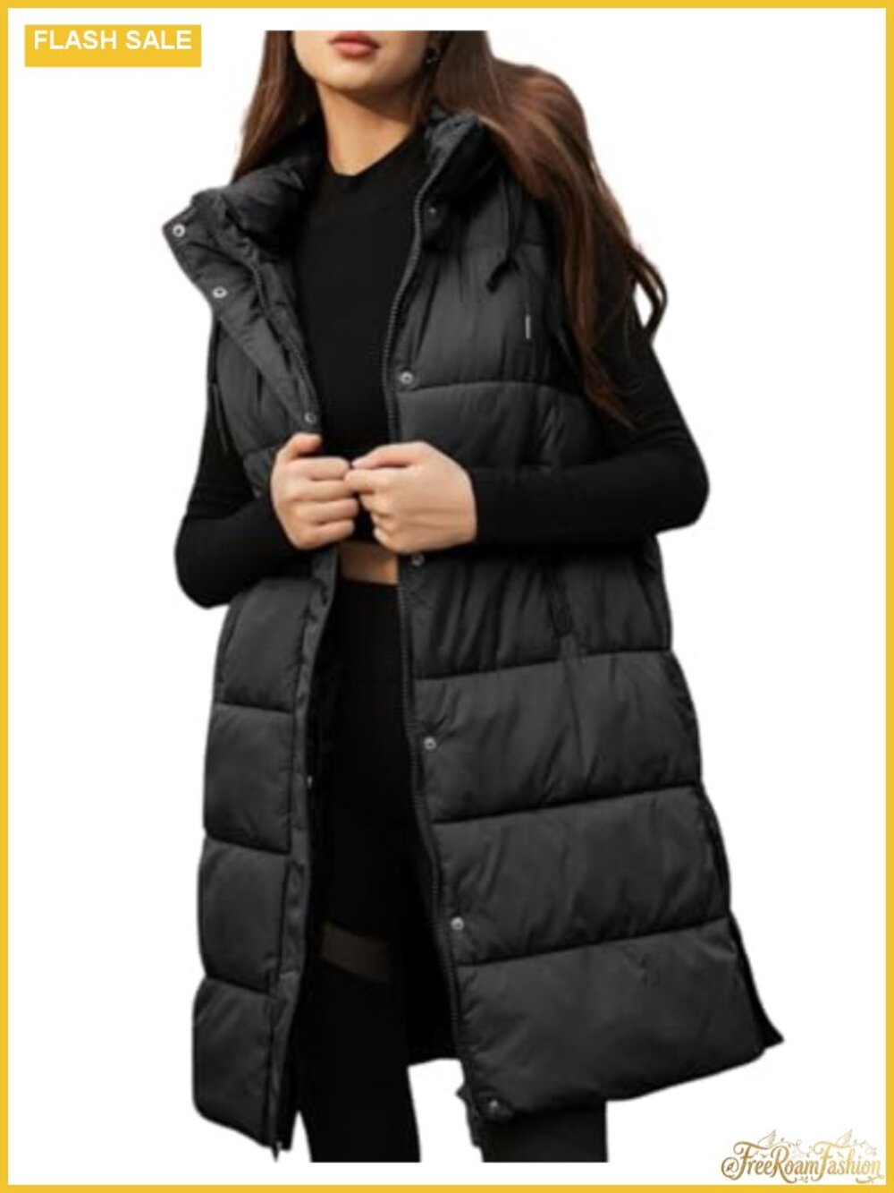 Long Quilted Puffer Vest Hooded Sleeveless Padded Coat for Women